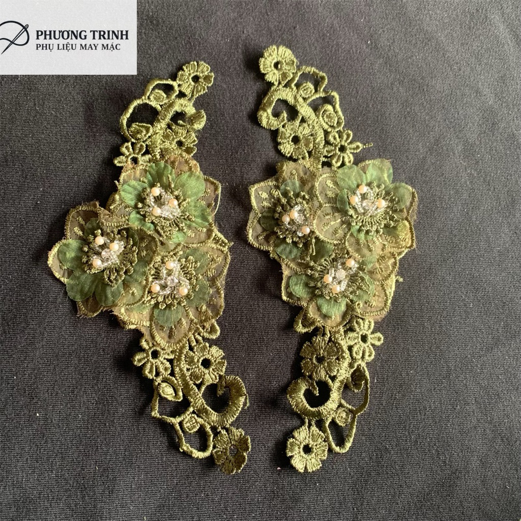 🌿 CẶP REN HOA NỔI ĐÍNH ĐÁ CAO CẤP - PHỤ KIỆN TRANG TRÍ ÁO DÀI, VÁY ĐẦM (8x20cm)