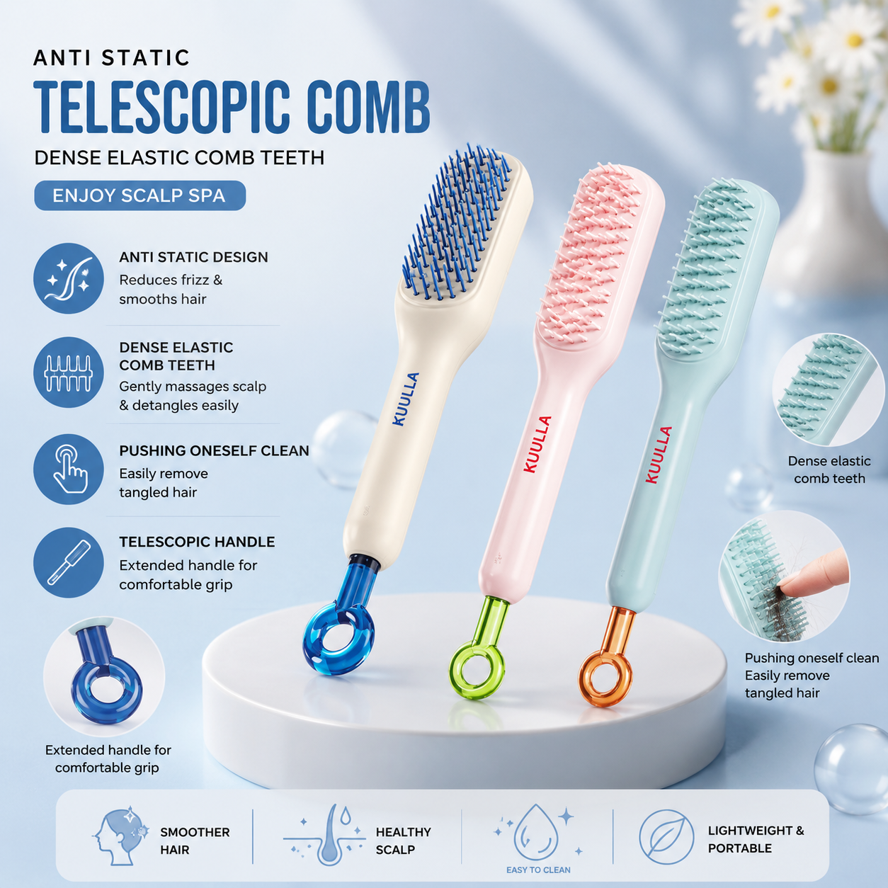 Self Cleaning Hair Brush with Retractable Bristles – Anti-Static Detangling Massage Comb | One Push Easy Hair Removal Styling Brush for Women & Men | Smooth Hair Care & Scalp Massage Brush