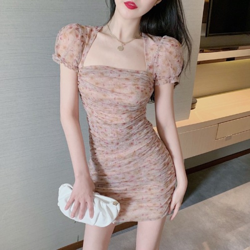 Cổ Áo Hở Xương Quai Xanh Phong Cách Retro Hoa Nhỏ Khí Chất Váy Liền Kiểu Gấp Tay Bồng Tôn Dáng Ôm Body Ôm Mông Đầm Nữ Thủy Triều