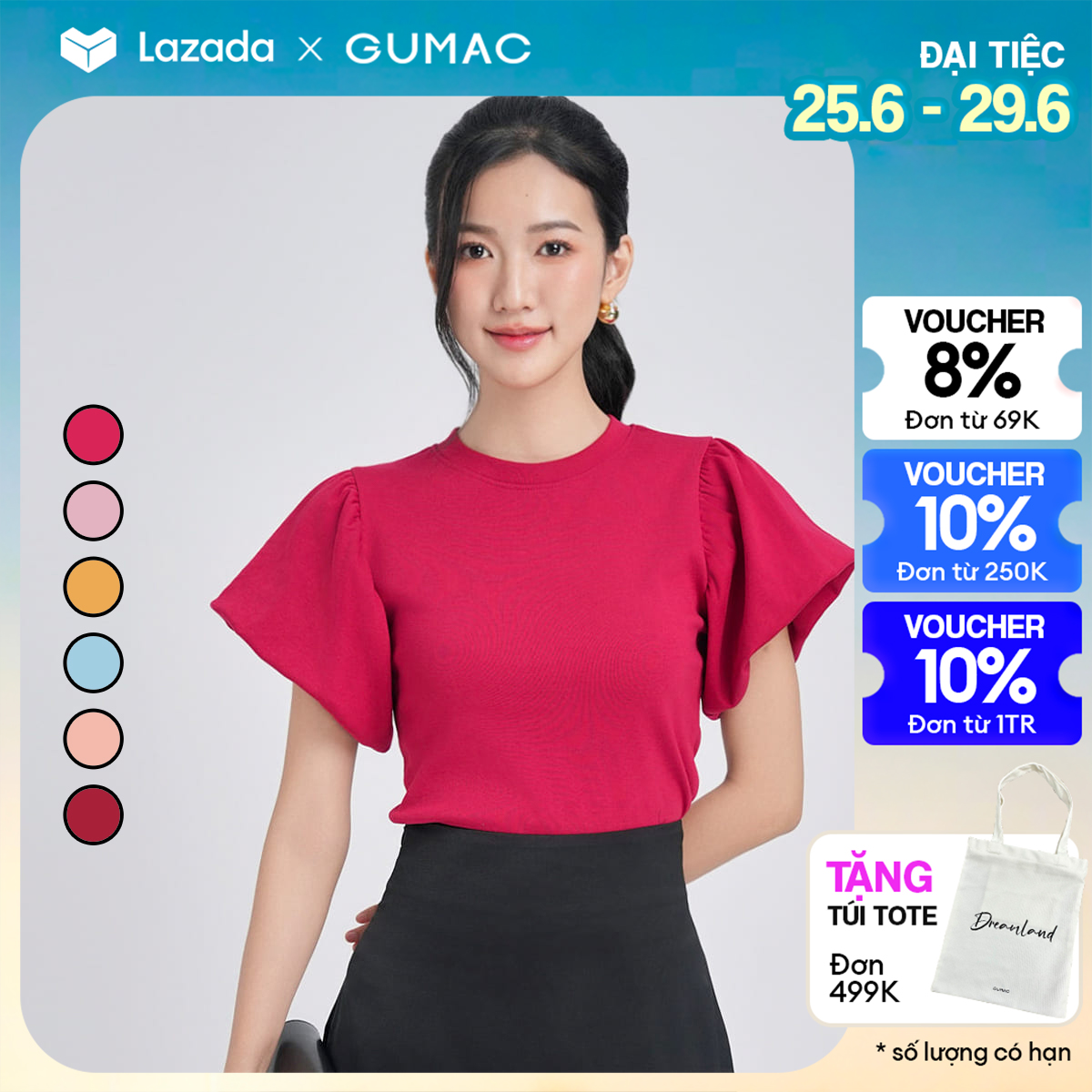 [25 - 29.6 |Voucher 8-10%] Áo thun nữ dáng ôm GUMAC LATD1203 tay bí phồng dễ thương