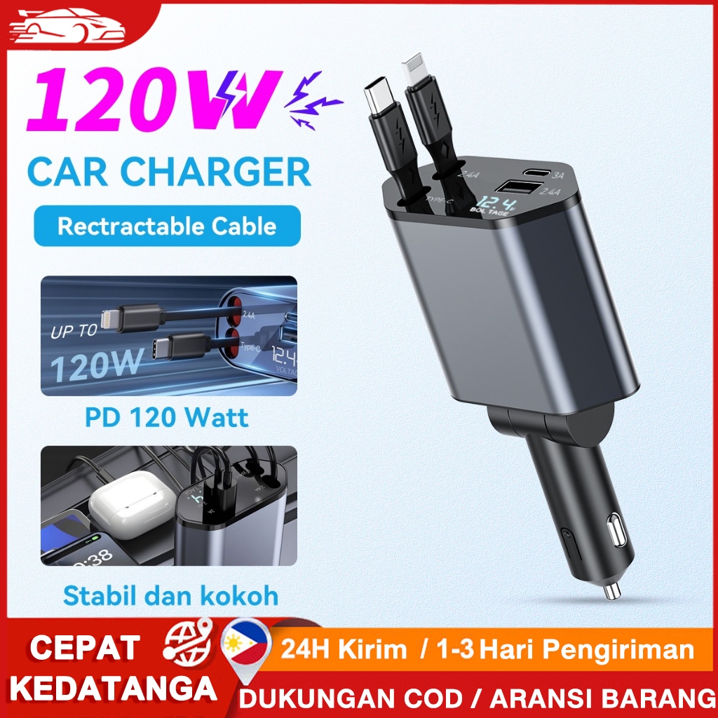 Car Fast Charger Colokan Mobil 4 In 1 PD 120W USB Type C & Lightning With Retractable Cable Harga 89,899 rupiah*Gratis Ongkir