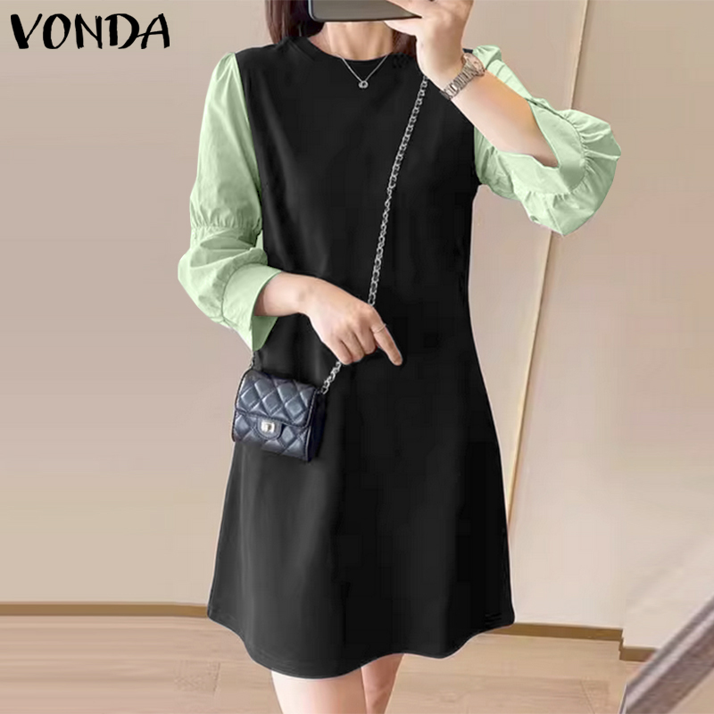 VONDA Womens Casual Mid-Sleeve Crew Neck Loose Mini Dress Korean Causal