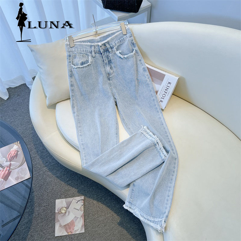 LUNAáo girl phố nữ quần bò ống rộng cho nữ Nữ năm 2024 mới len cao eo thẳng ống quần jean rộng thùng thình màu sáng người đàn ông nhỏ gầy lau nhà chân rộng quần dài dép nữ xinh Quần jean nữ rẻ vô đố
