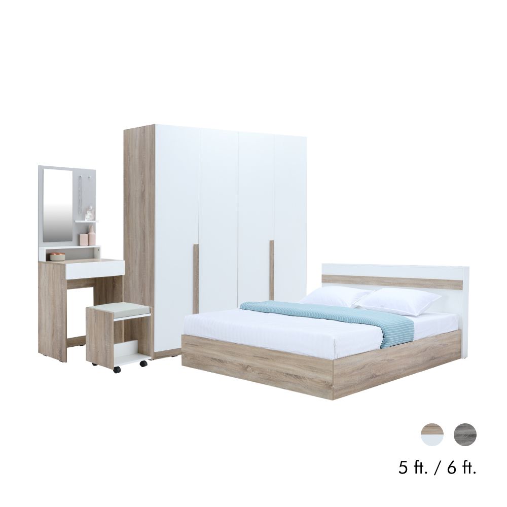 furinbox MINIO Bedroom Set 6 ft. (Bed, 4 Doors Wardrobe, Dressing Table with Stool) - Grey ราคา 12,180 บาท*ส่งฟรี