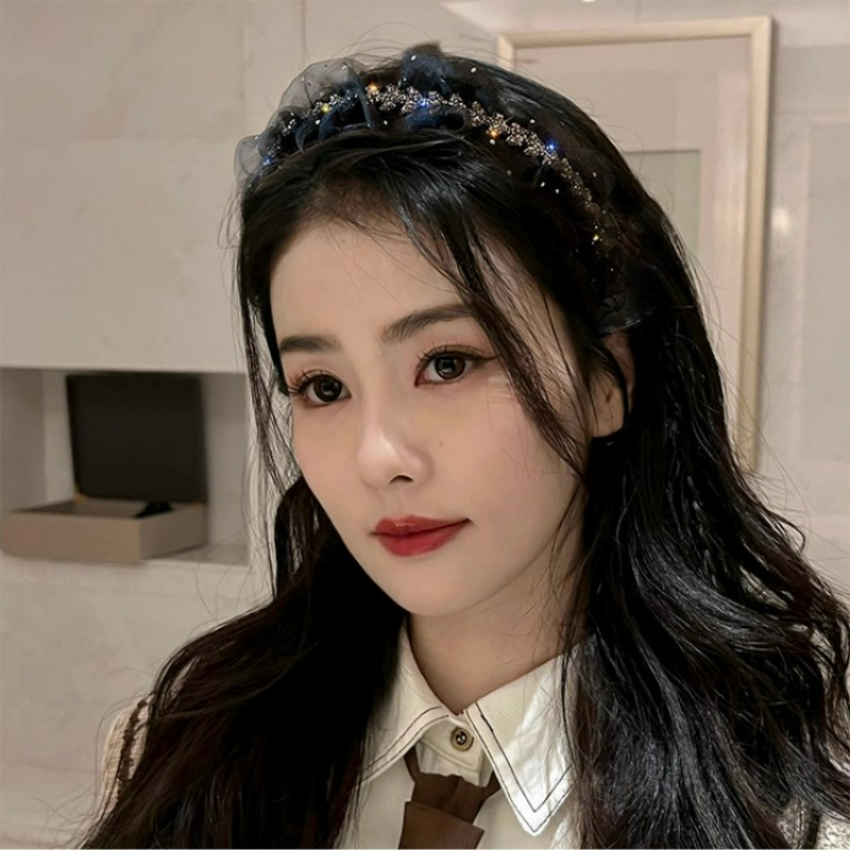 Glittering Diamond Gypsophila Gauze Head Band for Girls French Dress Leaf Black and White Lace Summer Headbands for Women Fashion Hair Bands Hair Accessories