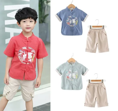 [SG Ready Stock] TZ042 Boys Traditional Chinese Embroidered Crane Kungfu Top Shirt & Pants Set [Little Gems]