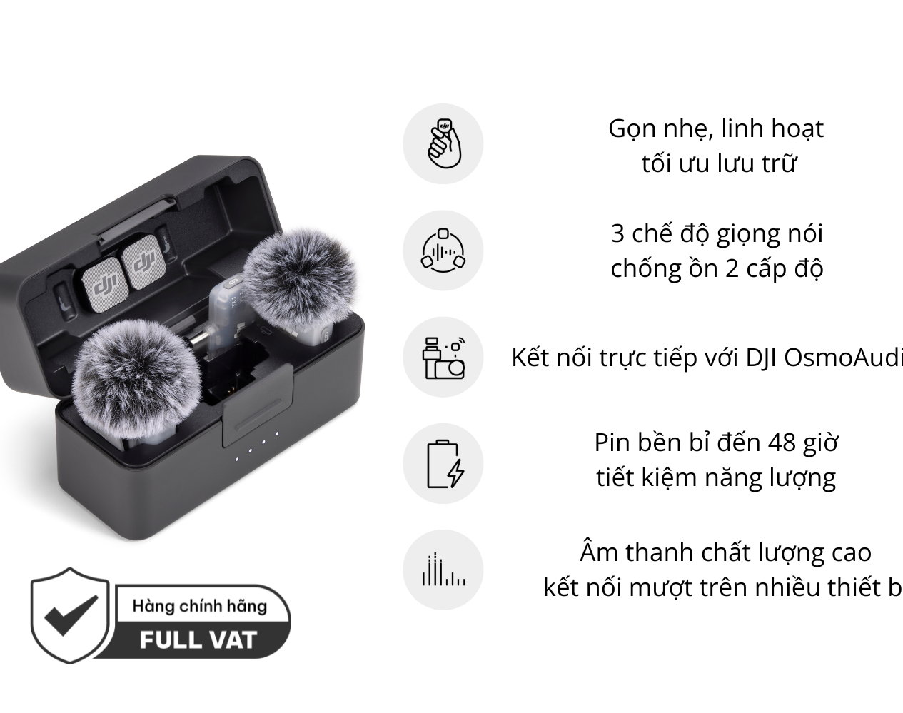 Micro thu âm DJI Mic Mini 2 (2 TX + 1 Mobile RX + Charging) 2 mic + 1 thu cho điện thoại + hộp sạc + phụ kiện