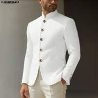 INCERUN Casual Blazer For Men Vintage Stand Collar Gold Buckle Long Sleeve Plain Western Style Suits #1110