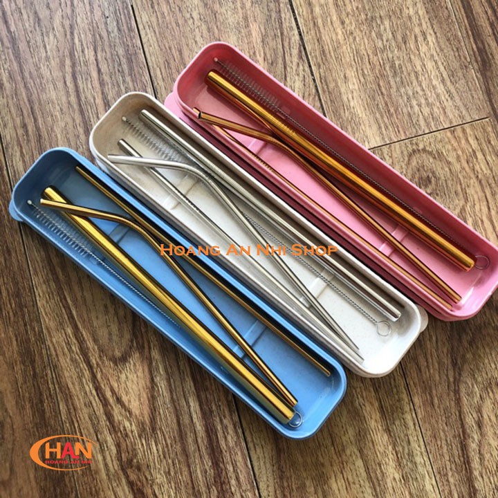 Bộ ống hút Inox 304 cao cấp - Combo bộ ống hút 5 món gồm cọ rửa và hộp đựng lúa mạch.