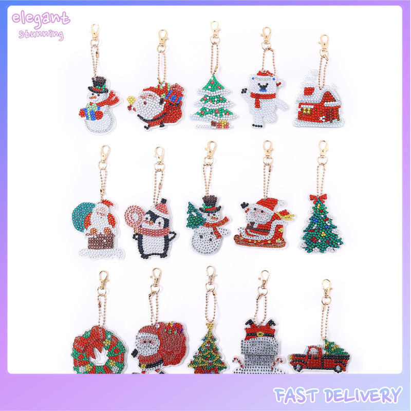 elegantstunning 15pcs Christmas Diamond Keychains Double Sided DIY Diamond Keychain Hanging Ornament For Christmas Gifts Decor