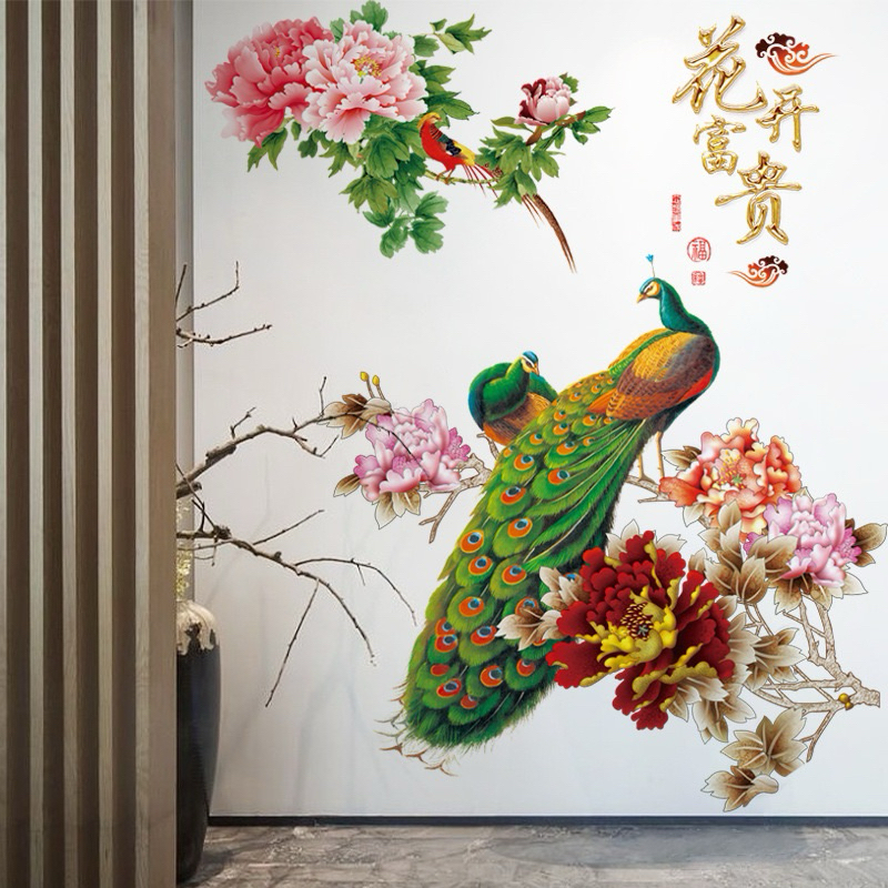 Decal dán tường chim công và hoa 01