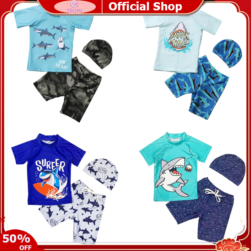 TEQIN【Fast Delivery】3 Pcs/set Children Split Swimsuit Cartoon Printing Short-sleeve Top + Swimming Trunks + Swimming Cap For 2-10 Years Old Kids ราคา 179 บาท*ส่งฟรี