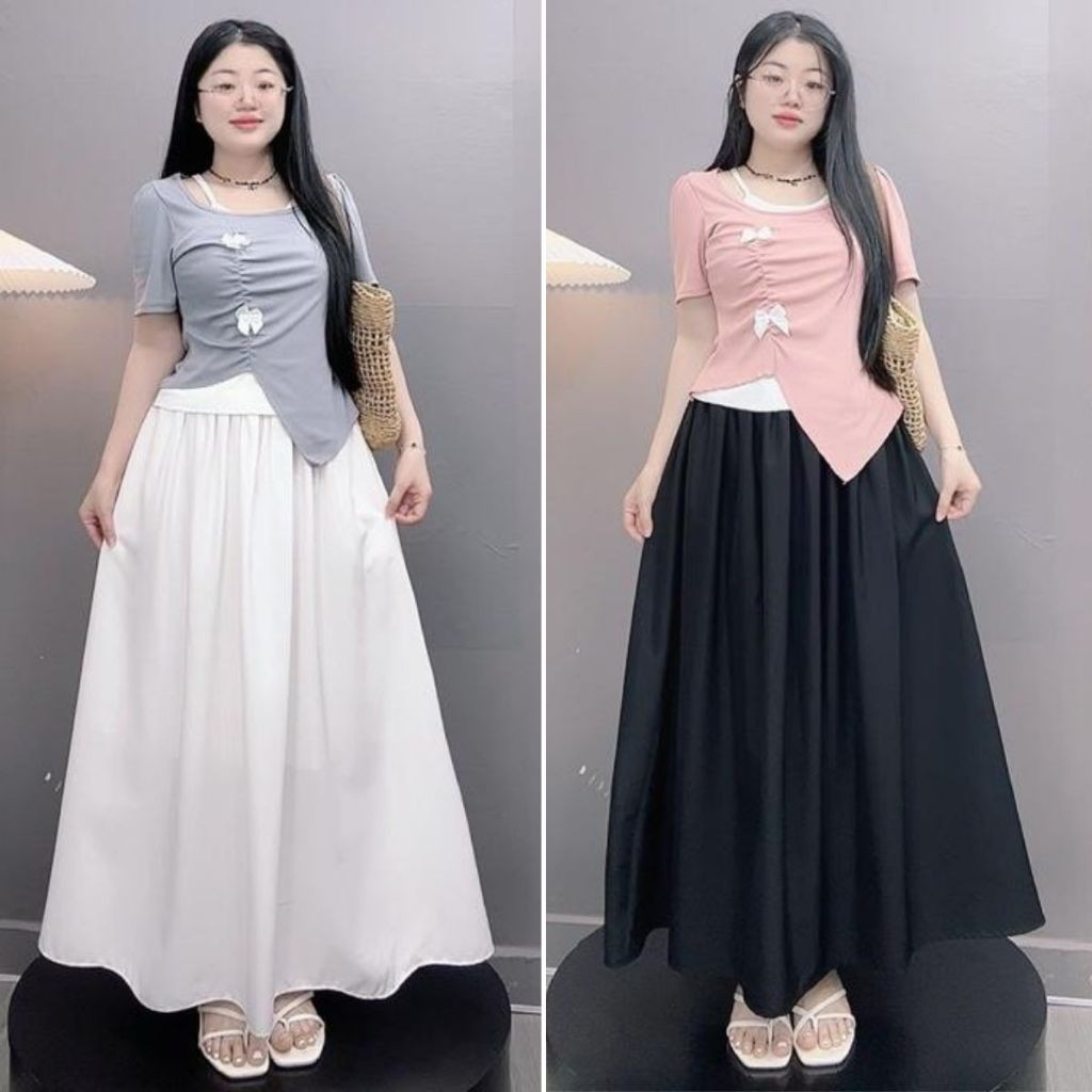  Set bộ bigsize nữ áo thun kiểu vạt xẻ phối nơ kèm chân váy dáng dài qua gối tiểu thư dễ thương - SET  A278+CV15  