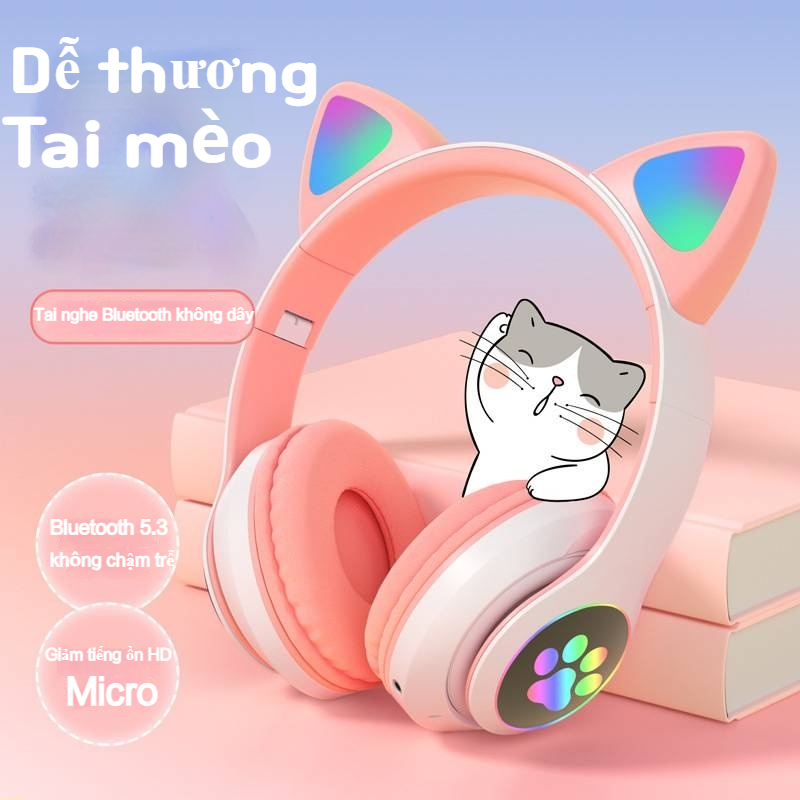 Tai nghe tai mèo kết nối bluetooth dễ thương - tai nghe bluetooth cho nam nữ dễ thương, tai nghe không dây kết nối bluetooth,, tai nghe mèo phát sáng