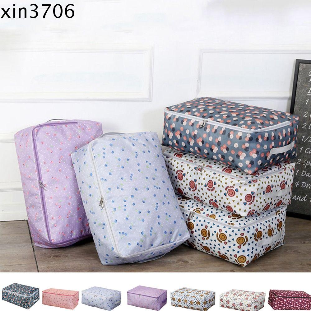 XIN3706 Hoa màu xanh Túi vải đựng đồ Oxford Sức chứa lớn Chống ẩm Hộp đựng chăn mền Di động Tái sử dụng Túi đựng chăn hoa Nhà