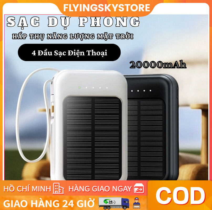  【HCM 24H Pin Sạc Dự Phòng Năng Lượng Mặt Trời 20000 Mah Có Đèn Pin Và Tích Hợp Sạc Nhanh 