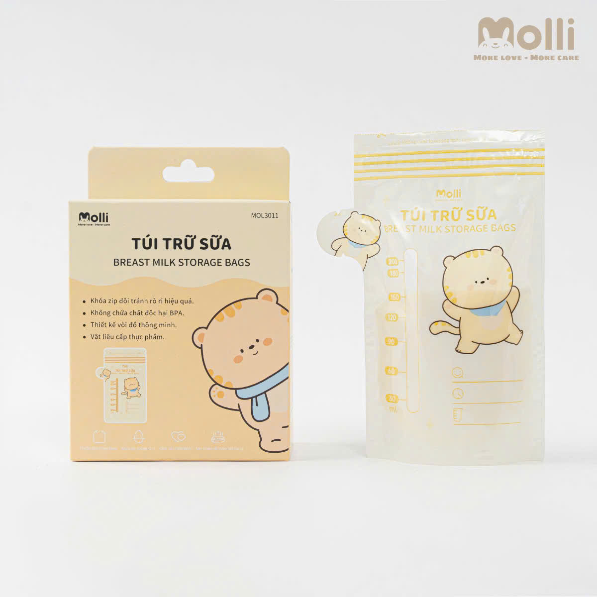 Túi Trữ Sữa Mẹ Molli 30PCS/Hộp Dung Tích 200ML Khóa Zip Đôi Không Chứa BPA Thiết Kế Vòi Đổ Thông Minh Bebi123shop