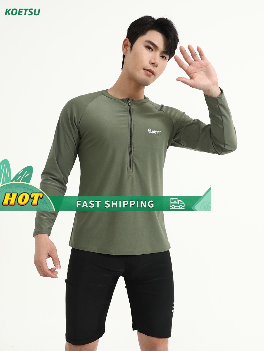 KOETSU【COD Kem chống nắng nhanh khô áo quần lặn Nam chia dài tay năm quần lửng ấm trang phục bơi màu xanh quân đội Bộ đồ lướt sóng
