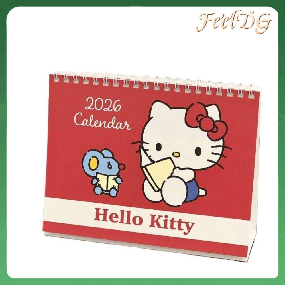 FEELDG Cuộn dây Lịch để bàn 2026 Xin chào Kitty Phim hoạt hình Sổ kế hoạch hàng ngày Dễ thương Tự làm Lịch mini Trang trí máy tính để bàn