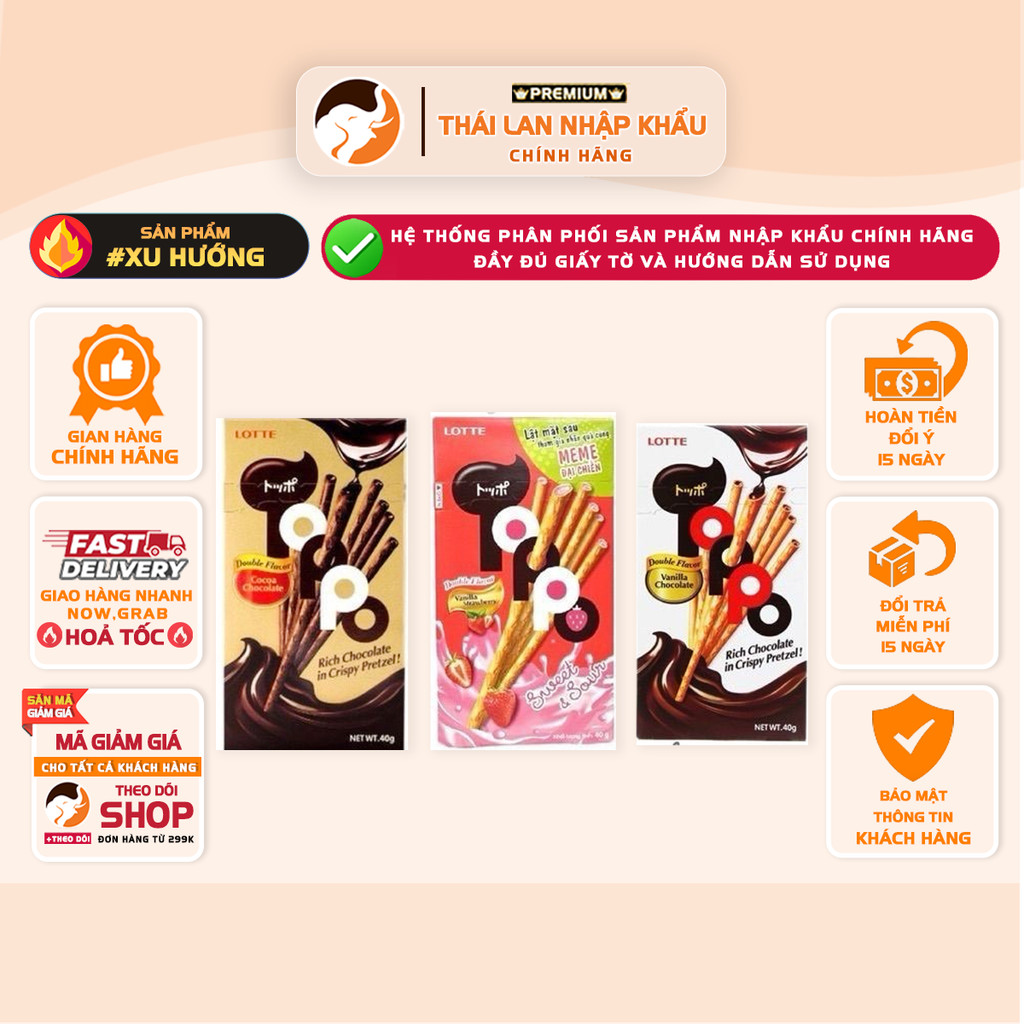 [5 HỘP] Bánh Que Lotte Toppo 40g – Nhân Socola / Dâu / Vani Giòn Tan Thơm Ngon