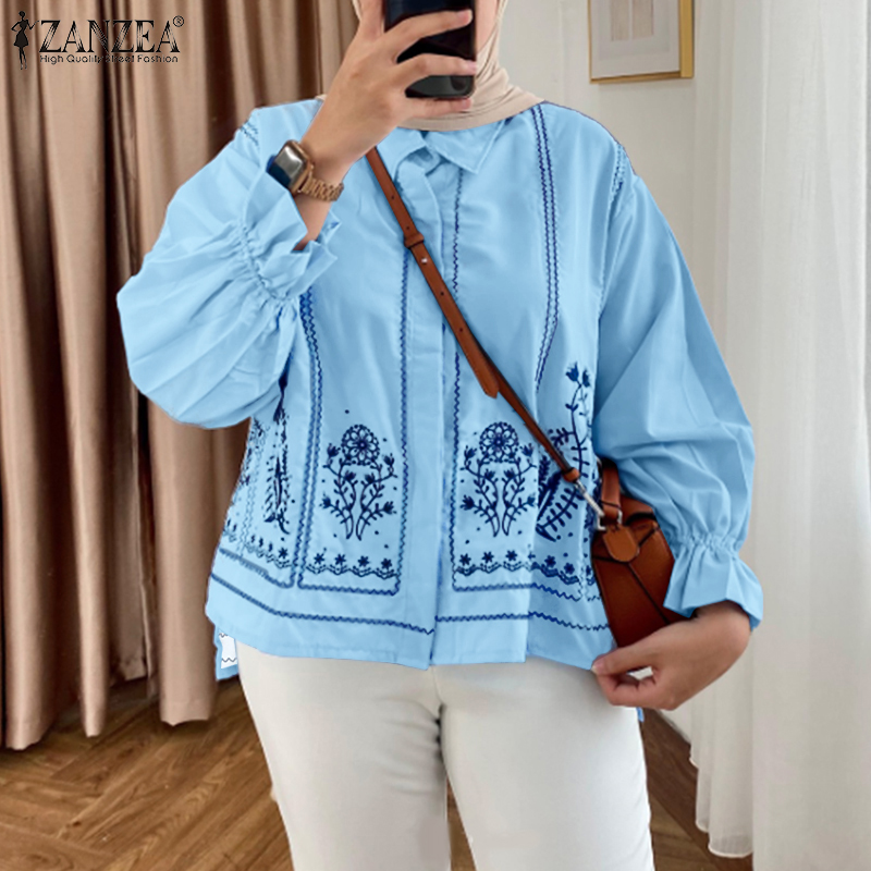 ZANZEA Muslimah Women Muslim Elegant Work Floral Print Loog Lantern Sleeve Shirt Lapel High Low Top #0825