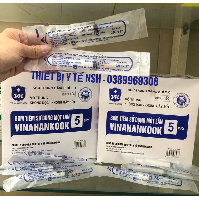 ️ HỘP 100 CÂY BƠM KIM TIÊM VÔ TRÙNG VINAHANKOOK 5CC 23G 25G, BƠM KIM TIÊM ỐNG CHÍCH TIÊM 5cc 5ml 23G