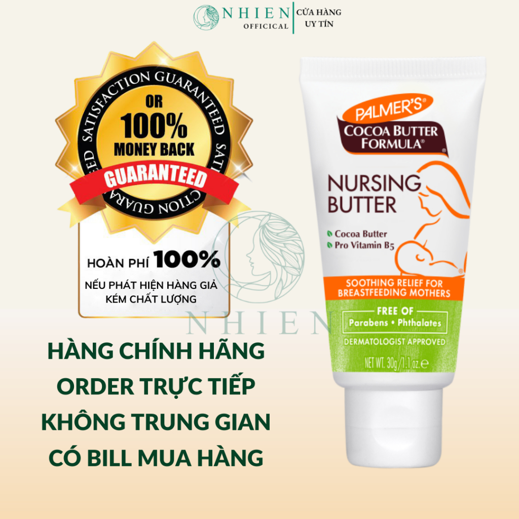Kem bôi nứt đầu ti Palmer's Nursing Butter 30g - với thành phần chính là bơ ca cao thiên nhiên và Pro vitamin B5, đã kiểm chứng qua lâm sàng và da liễu, an toàn tuyệt đối cho mẹ và bé.