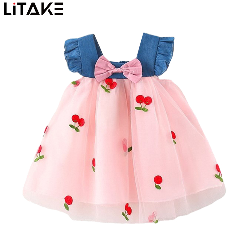 Girls Summer Princess Dress Cute Cherry Embroidered Mesh Patchwork Denim Tank Dress With Bowknot For Birthday Party ราคา 205 บาท*ส่งฟรี