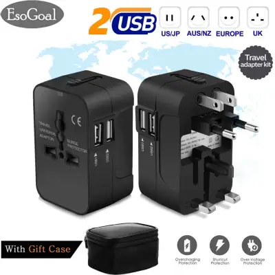 EsoGoal Multi-Outlets Travel Adapter, All in One International Universal Wall Power Travel Adaptor with 2 USB Charging Ports UK/USA/EU/AUS Worldwide Converter Plug Charger for Laptops,Phones,Tablets and More