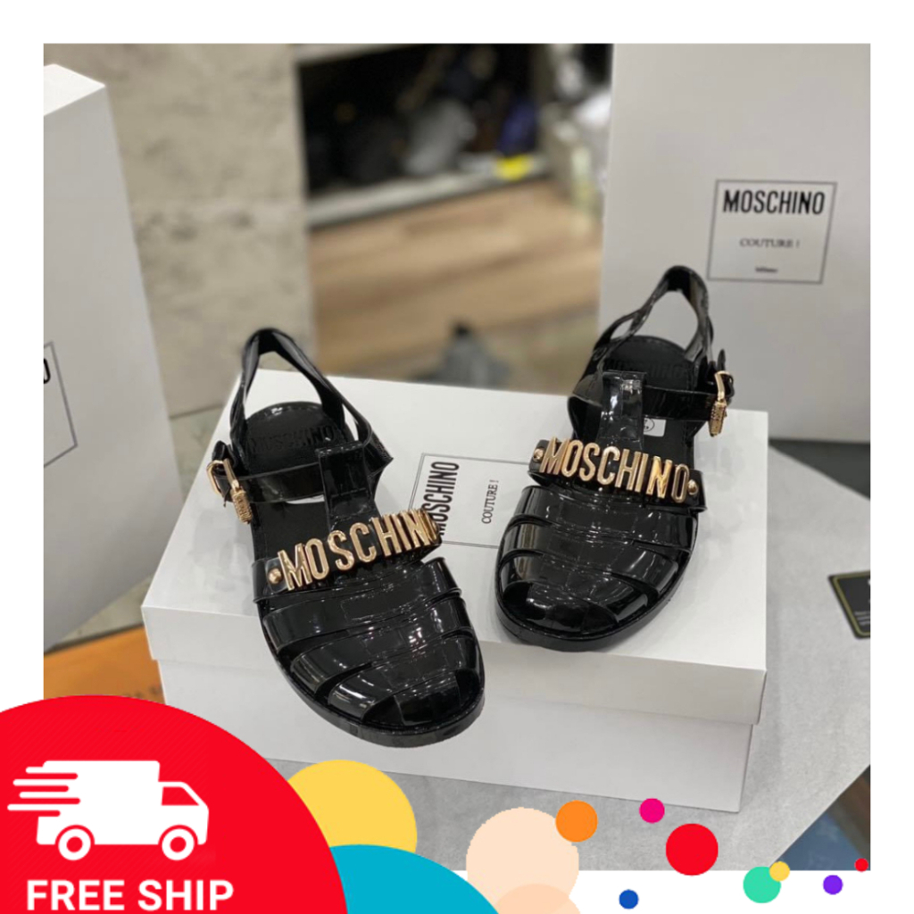 Dép dọ MOSCHINO nam 2 màu đen trắng đính chữ, Dép rọ trong suốt cao cấp