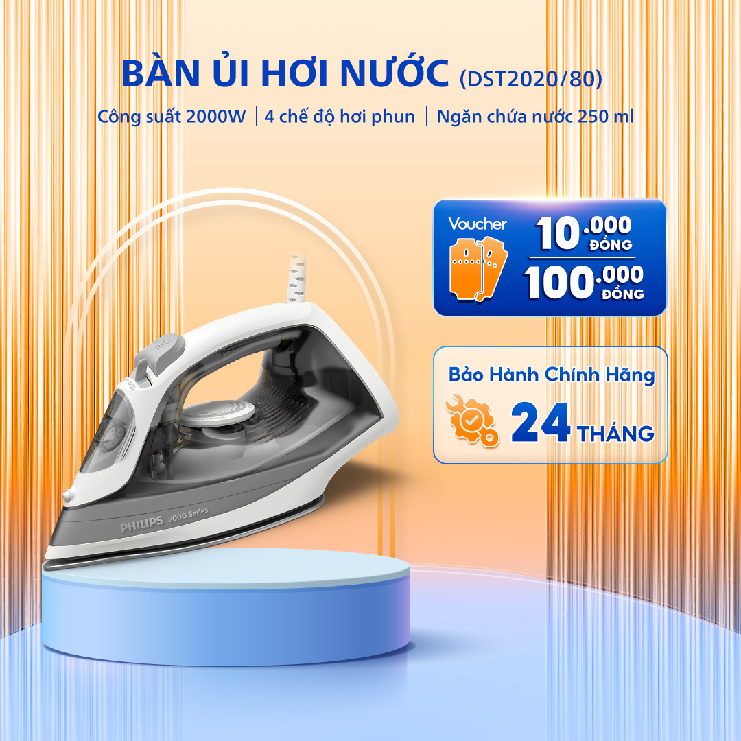 Bàn ủi hơi nước Philips DST2020/80 - Công suất 2000W - Mặt đế ceramic chống dính - Bảo hành 24 tháng
