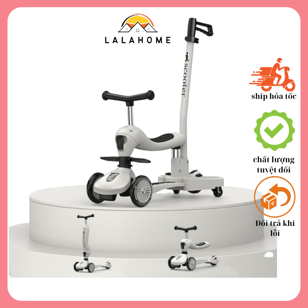 Xe chòi chân kiêm xe trượt Scooter 3 in 1 cho bé có ghế ngồi bánh xe phát sáng có tùy chỉnh độ cao và gấp gọn LA208