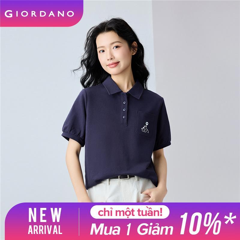 GIORDANO Nữ Áo thun Polo 100% Cotton thêu hình mèo Áo thun Polo tay ngắn một túi thời trang thường ngày 13315206