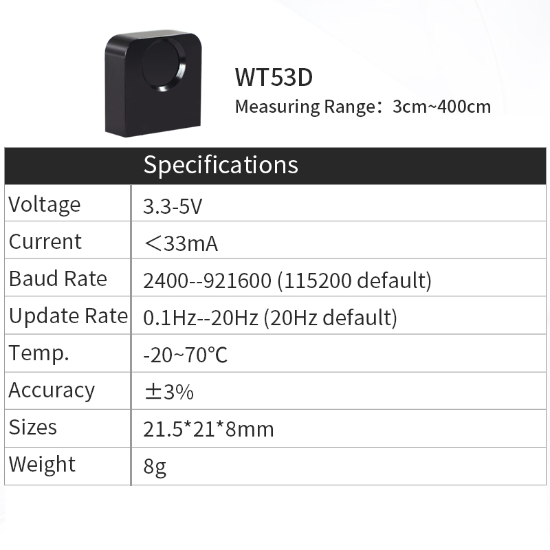 Cảm Biến Laser ToF WT53R-TTL | VL53L1X, Đo Khoảng Cách 400cm, RS485/TTL/IIC, Độ Chính Xác Cao, Tùy Chỉnh Baud Rate, Nhiệt Độ -20~70°C