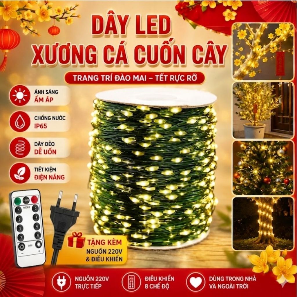 Dây Đèn Led Hạt Gạo Xương Cá Quấn 50M/100M/200M Trang Trí Cây Thông Noel, Sân Vườn