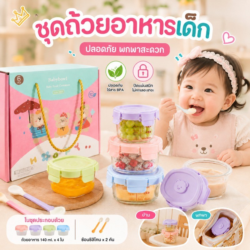 Oldlaiben 【Buy 4 Get 2 Free】6 Pieces of Food Storage Cups for Children. Great Value Set. Set of Storage Cups, Glass Cups, Can Be Put in the Microwave, Bpa Free. ราคา 259 บาท*ส่งฟรี