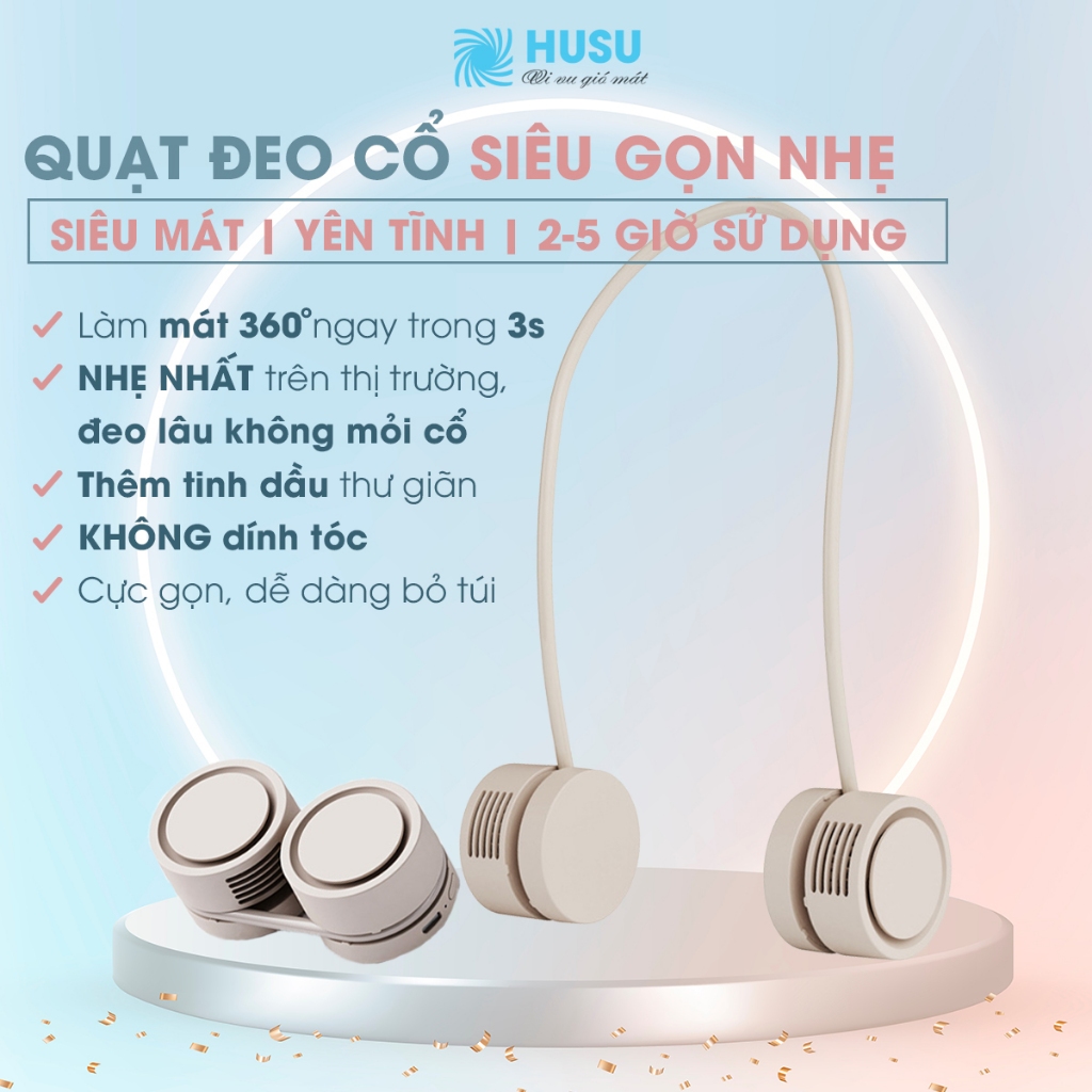 Quạt mini đeo cổ siêu mạnh, siêu nhẹ không cánh, đeo lâu không mỏi cổ - husu