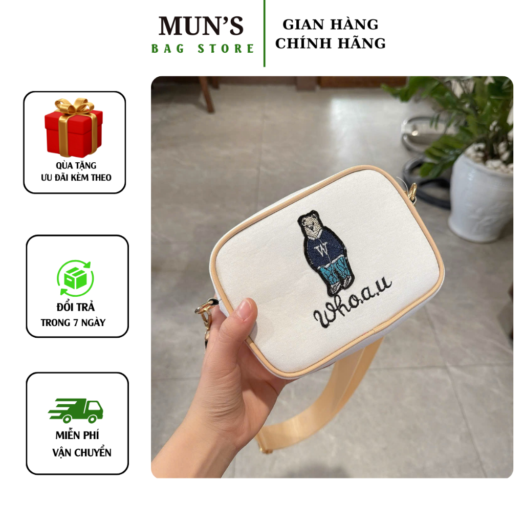 Túi xách nữ, túi đeo chéo nam nữ bag thêu gấu Who.au chất vải canvas M320
