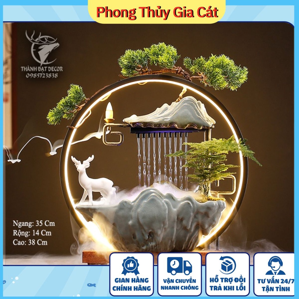 Thác nước phong thủy size 38cm , thác khói trầm hương có đài phun nước tự động kèm đèn LED cao cấp để bàn đem lại may mắ