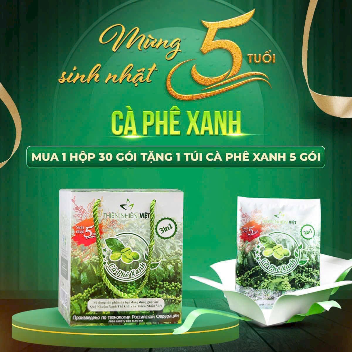 Cà phê xanh kháng mỡ thiên nhiên việt hộp 30 gói tặng bịch cà phê xanh 5 gói chính hãng