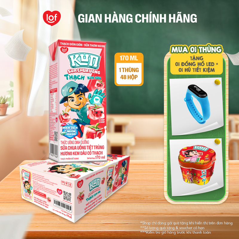 Kun Sữa chua uống hương Kem Dâu có Thạch thùng 48 hộp x 170ml