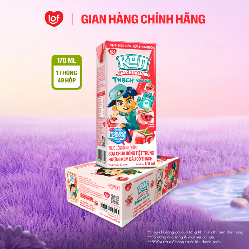 Kun Sữa chua uống hương Kem Dâu có Thạch thùng 48 hộp x 170ml