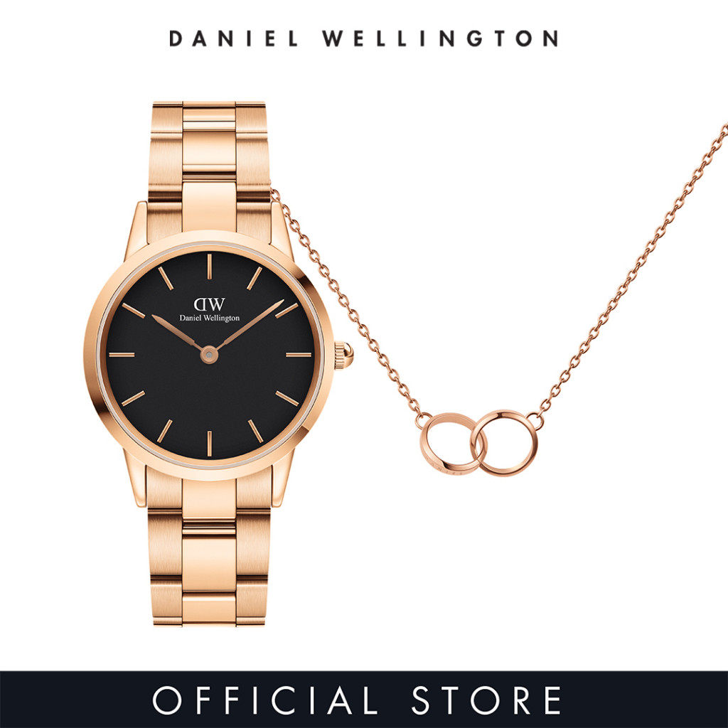 Daniel Wellington Gift Set - Iconic Link 32mm Rose gold Black + Elan Unity Necklace Rose gold  - Watch + Jewelry Set for Female Gift for Women Birthday Annivesary