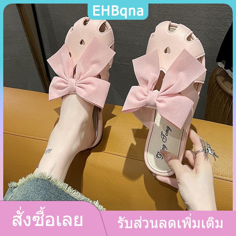 EHBqna Outdoors รองเท้าแตะผูกโบว์น่ารักสำหรับผู้หญิงรองเท้าแตะส้นแบนหัวมนสีชมพู2023ฤดูร้อน ราคา 107 บาท*ส่งฟรี