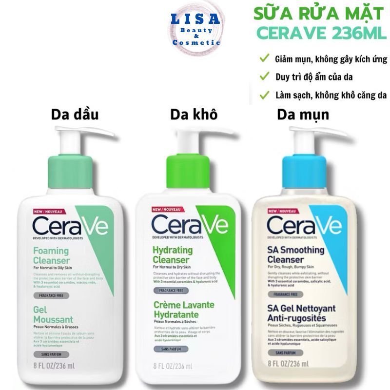 Sữa  Rửa Mặt CeraVe Foaming Cleanser, Hydrating Cleanser & SA Smoothing Cleanser 236ml Của Mỹ