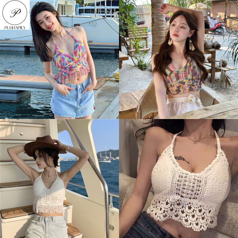 PUHHAPIEYสาวฮอต Simia กลวงถักเสื้อกั๊กผูกเชือกชายหาดวันหยุดชายหาดเซ็กซี่เสื้อสายเดี่ยวสั้นฤดูร้อน ราคา 42 บาท*ส่งฟรี