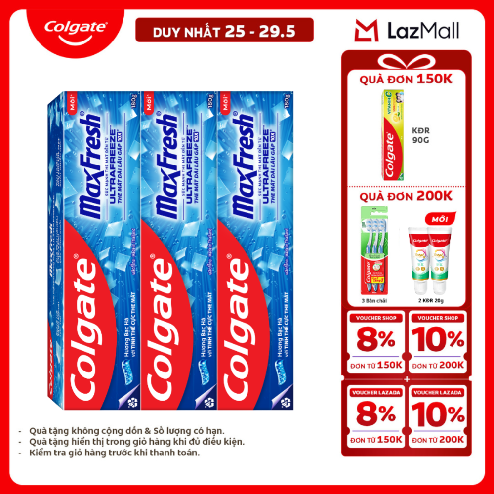 [Chỉ 25-29.5_X2 Voucher giảm 20%] Bộ 3 Kem đánh răng Colgate MaxFresh ULTRAFREEZE the mát gấp 10X 180g/tuýp