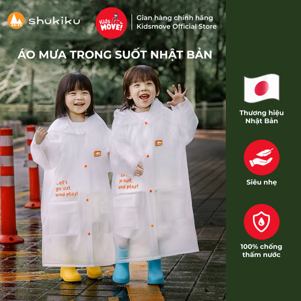 Áo mưa trẻ em Nhật bản Shukiku, dáng dài, trong suốt, 100% chống thấm nước