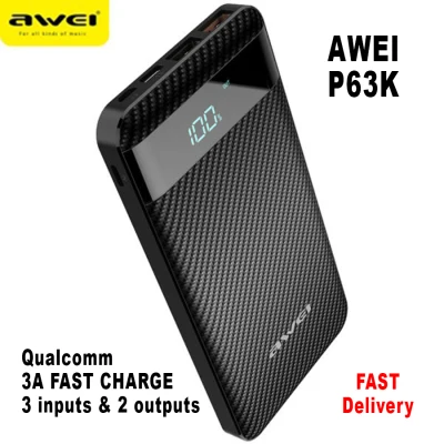 AWEI P63K 10000 mAh FAST CHARGER Qualcomm 3A POWERBANK, 3 INPUTS TYPE C, MICRO USB AND LIGHTNING PORTS, 2 OUTPUT PORTS POWER BANK