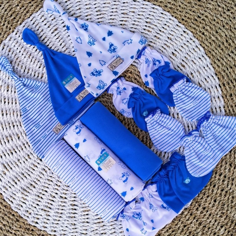 Seri Biru Paket Hemat 12 Pcs Bedong Set Topi Sarung Tangan Kaki Bayi Baru Lahir Newborn talitababy
